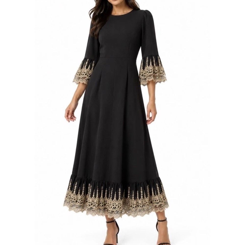 Tuckernuck Pomander Place Lillith Dress Women's M Black Gold Lace Midi